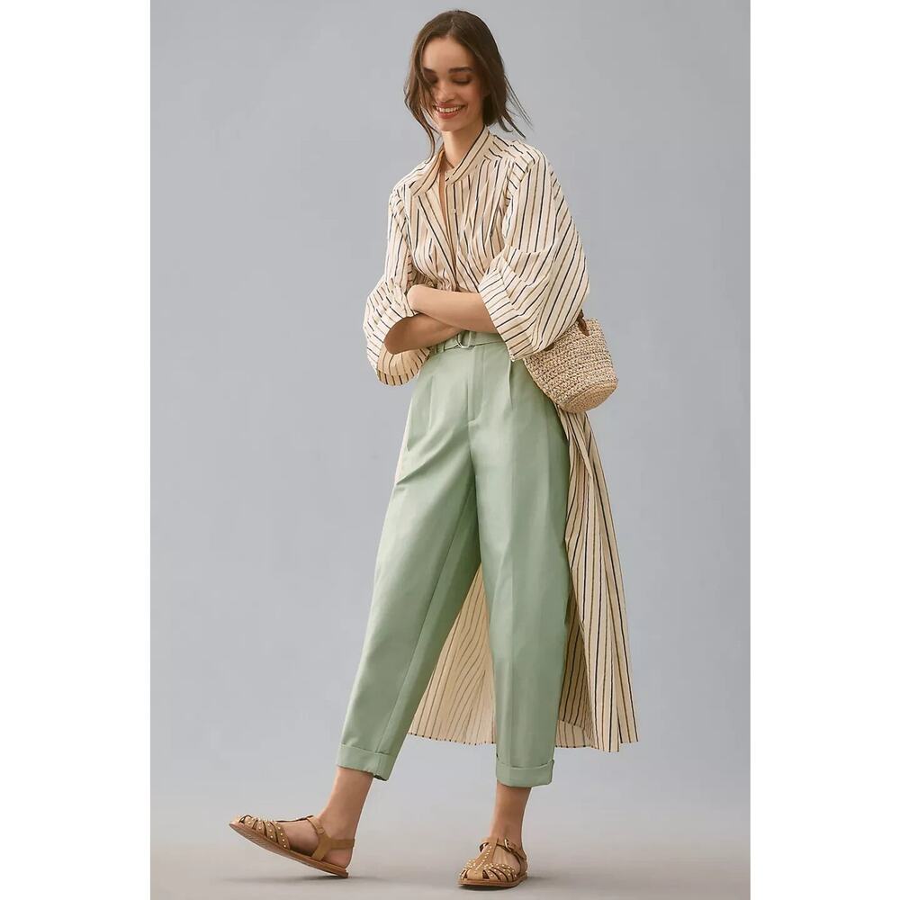 NWOT Anthropologie Maeve Belted Tapered Cropped Pants Size 0P Petite Mint #8C461